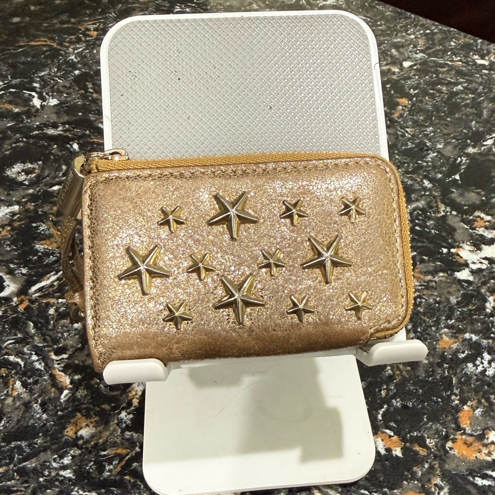 Jimmy Choo Metallic Gold Star-Stud Zip Card Case